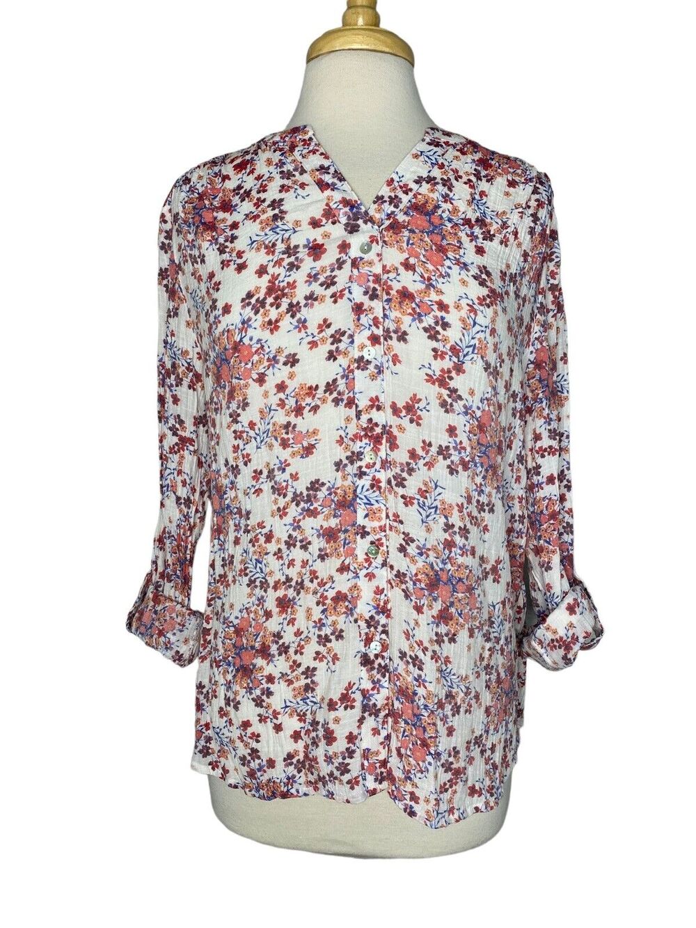 ZAC & RACHEL Floral Button Up Blouse White Orange Red Size Large Roll Tab